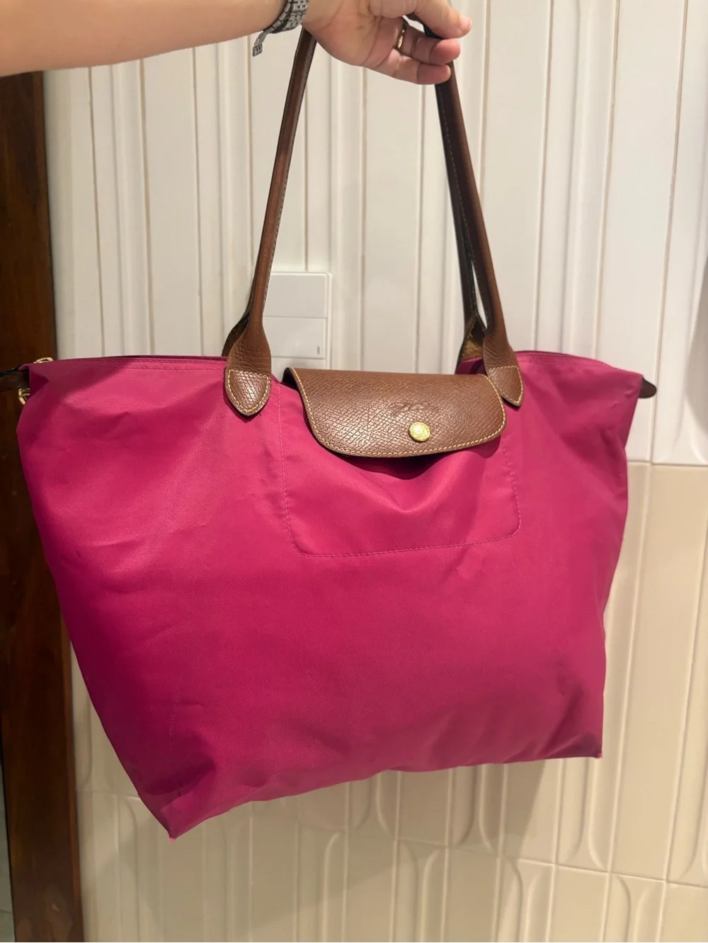 Longchamp Le Pliage Classic Tote Bag in Fuchsia with Brown Trim